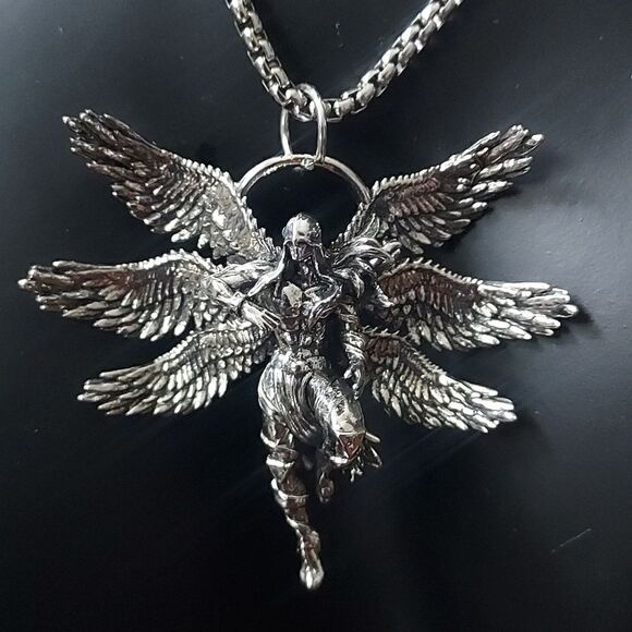 Six Winged Warrior Angel Stainless Steal Unisex Pendant Necklace - Picture 2 of 6